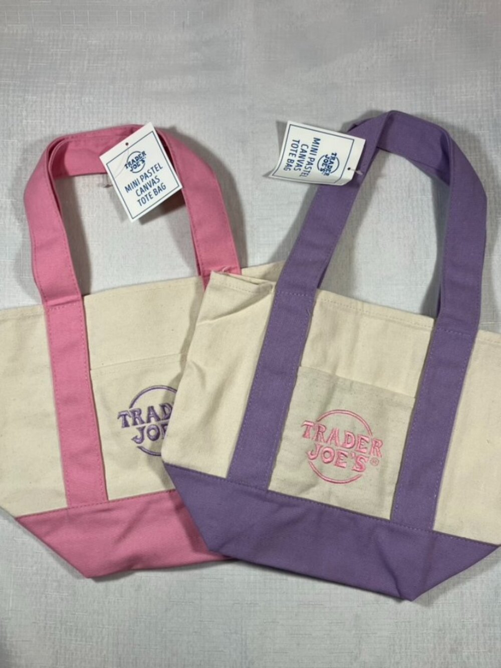 NWT Set Of 2 Trader Joes Mini Canvas Shopping Bags, Pink & Purple
